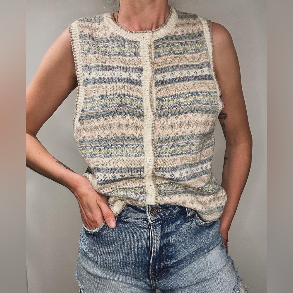 Vintage cotton/linen Fairisle pastel vest - size medium